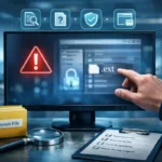 Ilustração mostrando etapas para como abrir um ficheiro desconhecido?: identificar extensão, checar tipo, consultar VirusTotal, escolher programa seguro.