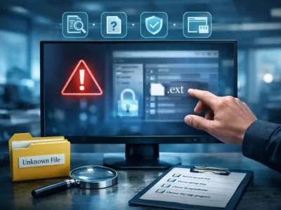 Ilustração mostrando etapas para como abrir um ficheiro desconhecido?: identificar extensão, checar tipo, consultar VirusTotal, escolher programa seguro.