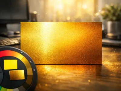 Imagem ilustrando a cor dourada no Canva: notas de código HEX/RGB (#FFD700, #D4AF37) e dicas para criar dourado metálico com gradiente, textura e contraste; guia acessível sobre cor dourada no canva.