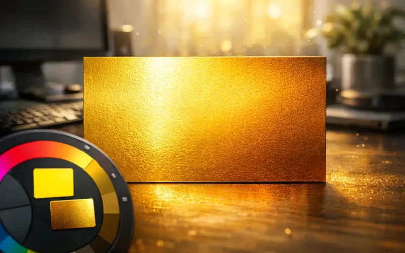 Imagem ilustrando a cor dourada no Canva: notas de código HEX/RGB (#FFD700, #D4AF37) e dicas para criar dourado metálico com gradiente, textura e contraste; guia acessível sobre cor dourada no canva.