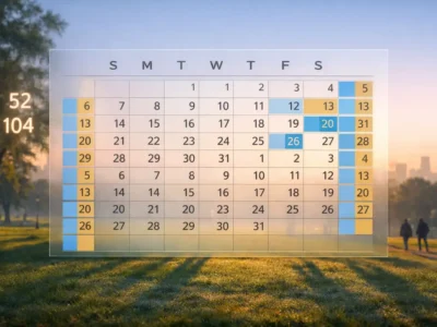 Imagem mostrando um calendário com 12 meses, destacando 52 fins de semana, ilustrando quantos finais de semana tem um ano, com gráfico de 104 dias de fim de semana. quantos finais de semana tem um ano.