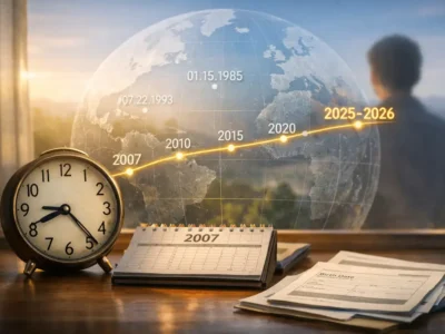 Quem nasceu em 2007 tem quantos anos: gráfico explicando idades em 2025 (17/18) e 2026 (18/19) com base na data de nascimento completa, acessível e claro.